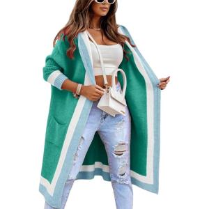 imageCHARTOU Hooded Long Knit Cardigan for Women Blcoked Color Long Sweatshirt Jacket SweaterGreen
