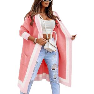 imageCHARTOU Hooded Long Knit Cardigan for Women Blcoked Color Long Sweatshirt Jacket SweaterPink