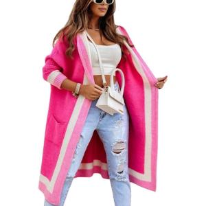 imageCHARTOU Hooded Long Knit Cardigan for Women Blcoked Color Long Sweatshirt Jacket SweaterRose
