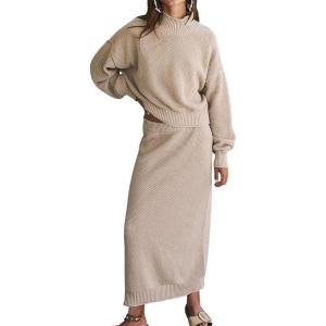 imageCHARTOU Women 2 Pieces Outfits Fall Winter Sweater Skirt Sets Oversized Tops Matching Knit Maxi SkirtApricot