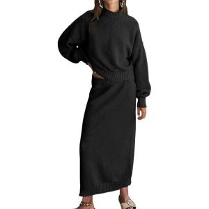 imageCHARTOU Women 2 Pieces Outfits Fall Winter Sweater Skirt Sets Oversized Tops Matching Knit Maxi SkirtBlack