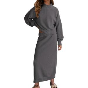 imageCHARTOU Women 2 Pieces Outfits Fall Winter Sweater Skirt Sets Oversized Tops Matching Knit Maxi SkirtGrey