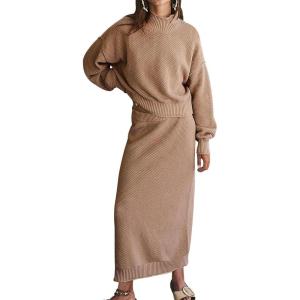 imageCHARTOU Women 2 Pieces Outfits Fall Winter Sweater Skirt Sets Oversized Tops Matching Knit Maxi SkirtKhaki