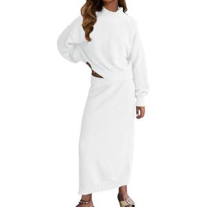 imageCHARTOU Women 2 Pieces Outfits Fall Winter Sweater Skirt Sets Oversized Tops Matching Knit Maxi SkirtWhite
