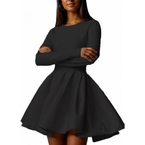 imageCHARTOU Women Basic Sweater Dress Long Sleeve Pleated Flared Knitted Short DressesBlack