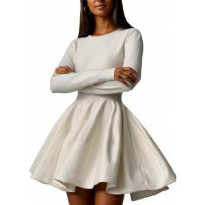 imageCHARTOU Women Basic Sweater Dress Long Sleeve Pleated Flared Knitted Short DressesCream