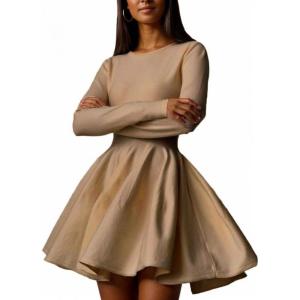 imageCHARTOU Women Basic Sweater Dress Long Sleeve Pleated Flared Knitted Short DressesKhaki