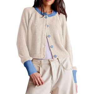 imageCHARTOU Women Button Up Cable Knit Sweater Jacket Fall Color Block Short Knitted Cropped Cardigan Sweater Y2k Crop TopApricot