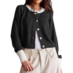 imageCHARTOU Women Button Up Cable Knit Sweater Jacket Fall Color Block Short Knitted Cropped Cardigan Sweater Y2k Crop TopBlack
