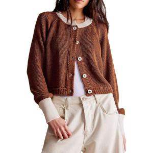 imageCHARTOU Women Button Up Cable Knit Sweater Jacket Fall Color Block Short Knitted Cropped Cardigan Sweater Y2k Crop TopCoffee