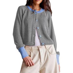 imageCHARTOU Women Button Up Cable Knit Sweater Jacket Fall Color Block Short Knitted Cropped Cardigan Sweater Y2k Crop TopGrey