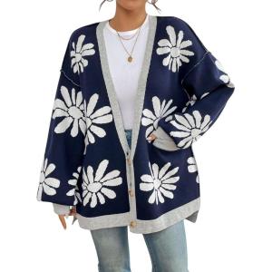 imageCHARTOU Women Cardigan Sweater Oversized Button Down V Neck Open Front Floral Sweater Tops with PocketsNavy