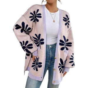 imageCHARTOU Women Cardigan Sweater Oversized Button Down V Neck Open Front Floral Sweater Tops with PocketsPink