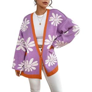 imageCHARTOU Women Cardigan Sweater Oversized Button Down V Neck Open Front Floral Sweater Tops with PocketsPurple