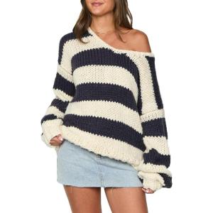 imageCHARTOU Women Chunky Knit Cable Pullover Sweater Oversized V Neck Long Sleeve Off Shoulder Tops Fall OutfitsBlack
