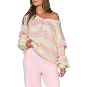 imageCHARTOU Women Chunky Knit Cable Pullover Sweater Oversized V Neck Long Sleeve Off Shoulder Tops Fall OutfitsPink
