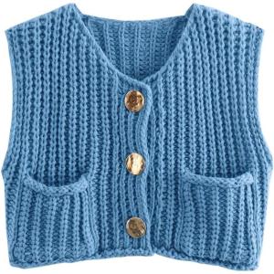imageCHARTOU Women Chunky Knit Vest Button Down Sleeveless Sweater Tank Tops Going Out OutfitsBlue
