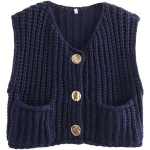imageCHARTOU Women Chunky Knit Vest Button Down Sleeveless Sweater Tank Tops Going Out OutfitsNavy
