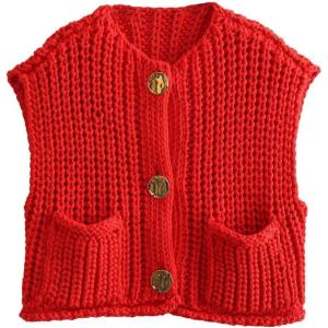imageCHARTOU Women Chunky Knit Vest Button Down Sleeveless Sweater Tank Tops Going Out OutfitsRed