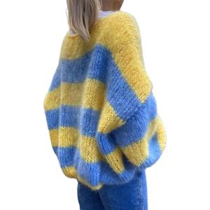 imageCHARTOU Women Color Block Striped Sweater Fall Oversized Fuzzy Chunky Knit Pullover Sweater OutwearBlue