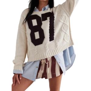 imageCHARTOU Women Contrast Color Knit Pullover Sweater Fall 2025 Oversized Cable Slouchy Jumper TopsApricot