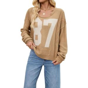 imageCHARTOU Women Contrast Color Knit Pullover Sweater Fall 2025 Oversized Cable Slouchy Jumper TopsKhaki
