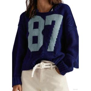 imageCHARTOU Women Contrast Color Knit Pullover Sweater Fall 2025 Oversized Cable Slouchy Jumper TopsNavy