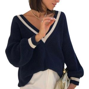 imageCHARTOU Women Contrast Color Pullover Sweater 2025 Fall Outfits Oversized V Neck Knit Jumper TopsNavy