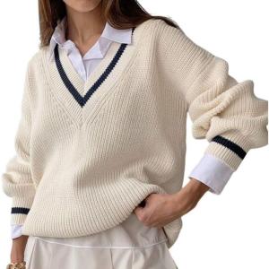 imageCHARTOU Women Contrast Color Pullover Sweater 2025 Fall Outfits Oversized V Neck Knit Jumper TopsWhite