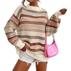 imageCHARTOU Women Contrast Striped Pullover Sweater 2025 Fall Outfits Oversized Knit Jumper TopsBrown