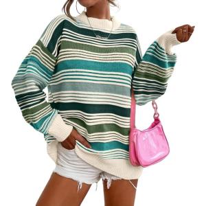 imageCHARTOU Women Contrast Striped Pullover Sweater 2025 Fall Outfits Oversized Knit Jumper TopsGreen