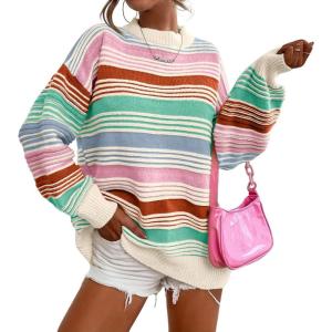 imageCHARTOU Women Contrast Striped Pullover Sweater 2025 Fall Outfits Oversized Knit Jumper TopsOrange