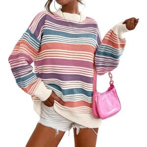 imageCHARTOU Women Contrast Striped Pullover Sweater 2025 Fall Outfits Oversized Knit Jumper TopsPink