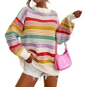imageCHARTOU Women Contrast Striped Pullover Sweater 2025 Fall Outfits Oversized Knit Jumper TopsRed