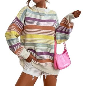 imageCHARTOU Women Contrast Striped Pullover Sweater 2025 Fall Outfits Oversized Knit Jumper TopsYellow