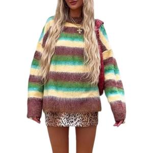 imageCHARTOU Women Contrast Stripes Pullover Sweater 2025 Fall Outfits Oversized Slouchy Fuzzy Knitted Jumper TopsColour