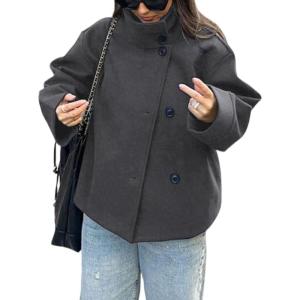 imageCHARTOU Women Crop Pea Coat Wool Blend Winter Loose Casual Short Jacket OutwearGrey