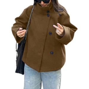 imageCHARTOU Women Crop Pea Coat Wool Blend Winter Loose Casual Short Jacket OutwearKhaki