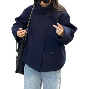 imageCHARTOU Women Crop Pea Coat Wool Blend Winter Loose Casual Short Jacket OutwearNavy