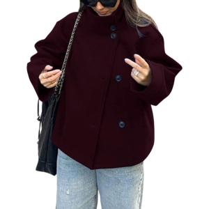 imageCHARTOU Women Crop Pea Coat Wool Blend Winter Loose Casual Short Jacket OutwearWine