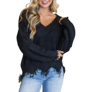 imageCHARTOU Women Cute Ripped Knitted Sweater Distressed Oversized Crop Knit Pullover Sweater KnitwearBlack