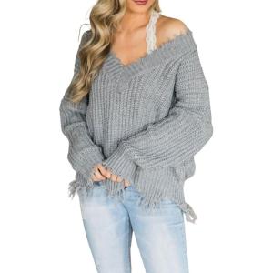 imageCHARTOU Women Cute Ripped Knitted Sweater Distressed Oversized Crop Knit Pullover Sweater KnitwearGrey