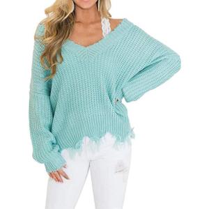 imageCHARTOU Women Cute Ripped Knitted Sweater Distressed Oversized Crop Knit Pullover Sweater KnitwearLight Blue
