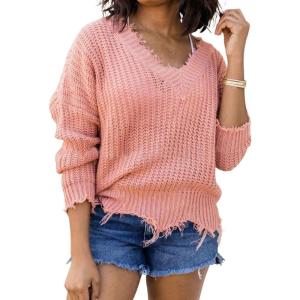 imageCHARTOU Women Cute Ripped Knitted Sweater Distressed Oversized Crop Knit Pullover Sweater KnitwearPink