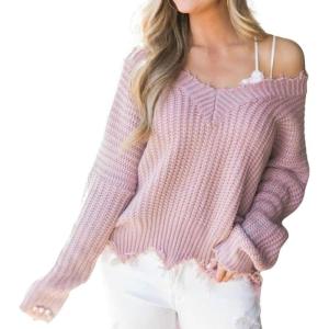 imageCHARTOU Women Cute Ripped Knitted Sweater Distressed Oversized Crop Knit Pullover Sweater KnitwearPurple