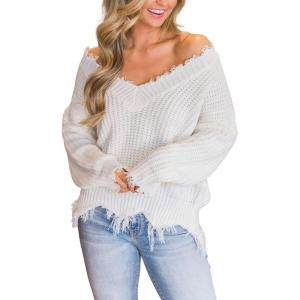 imageCHARTOU Women Cute Ripped Knitted Sweater Distressed Oversized Crop Knit Pullover Sweater KnitwearWhite