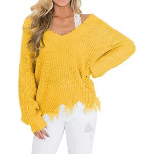 imageCHARTOU Women Cute Ripped Knitted Sweater Distressed Oversized Crop Knit Pullover Sweater KnitwearYellow
