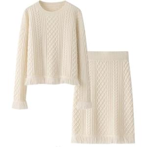 imageCHARTOU Women Elegant Sweater Sets Fall 2 Pieces Outfits Tassel Pullover Sweater Knit Pencil SkirtApricot