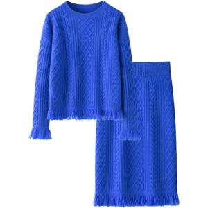 imageCHARTOU Women Elegant Sweater Sets Fall 2 Pieces Outfits Tassel Pullover Sweater Knit Pencil SkirtBlue