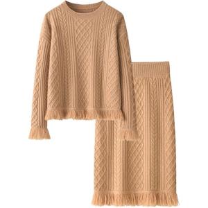 imageCHARTOU Women Elegant Sweater Sets Fall 2 Pieces Outfits Tassel Pullover Sweater Knit Pencil SkirtCamel